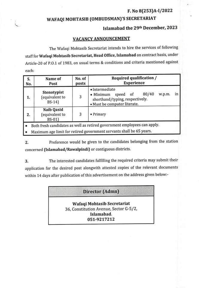 Wafaqi Mohtasib Ombudsman Secretariat Islamabad Jobs 2024 – Federal Tax Ombudsman Secretariat Pakistan Islamabad Jobs 2024 — original advertisement