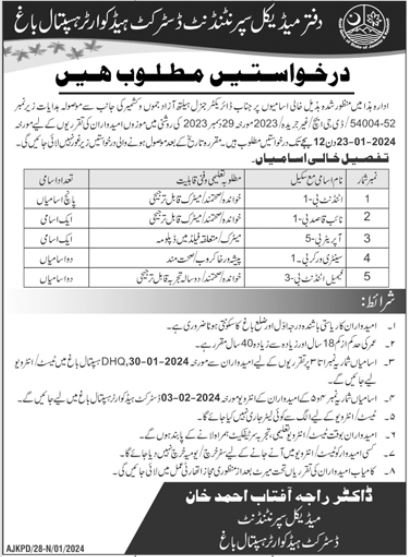District Headquarter Hospital DHQ Bagh Jobs 2024 – Govt of Azad Kashmir Jobs 2024 — original advertisement