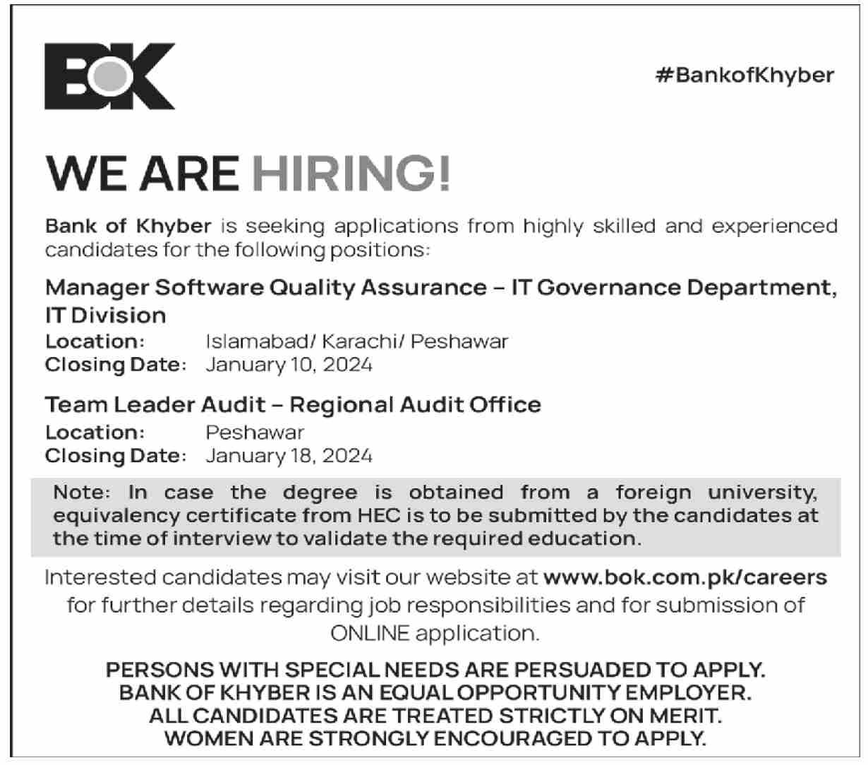 The Bank Of Khyber BOK Peshawar Kpk Jobs 2024 Jobs 2024 — original advertisement
