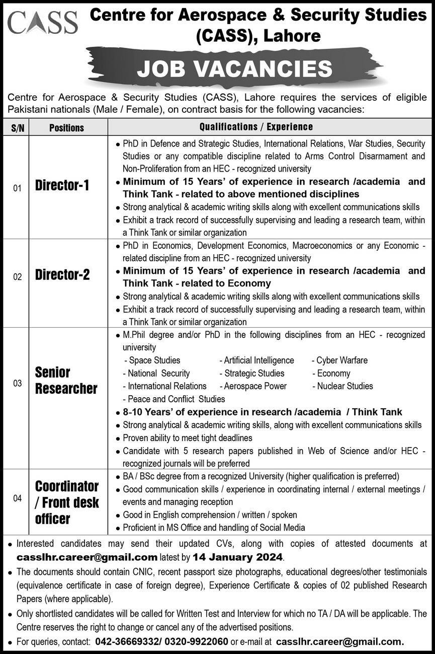 Centre Of Aerospace & Securities Studies CASS Punjab Jobs – Centre For Aerospace & Security Studies CASS Jobs 2024 — original advertisement