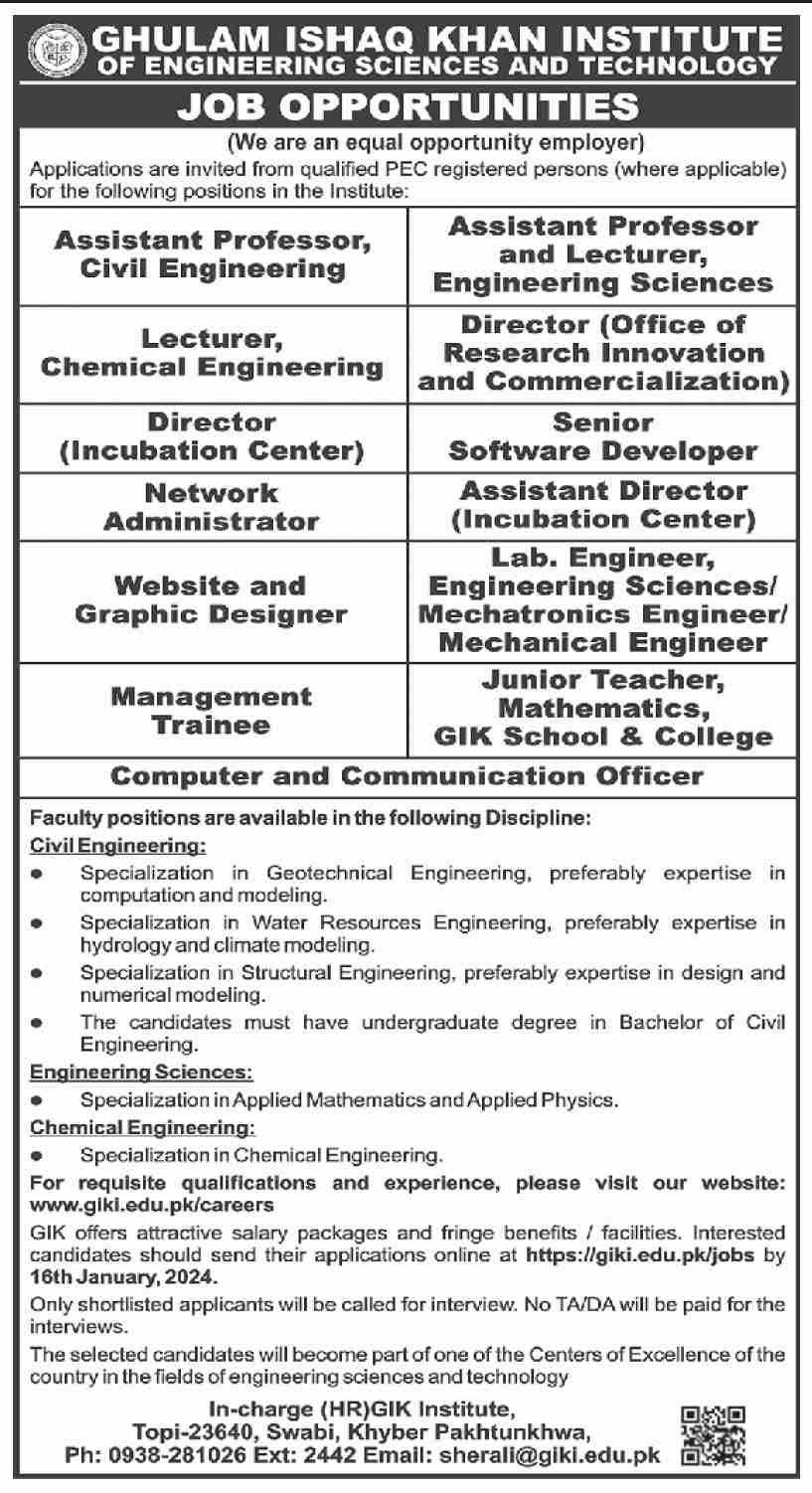 Ghulam Ishaq Khan Institute Of Engineering Science Jobs 2024 – Ghulam Ishaq Khan GIK Institute of Engineering Sciences and Technology Swabi Jobs 2024 — original advertisement