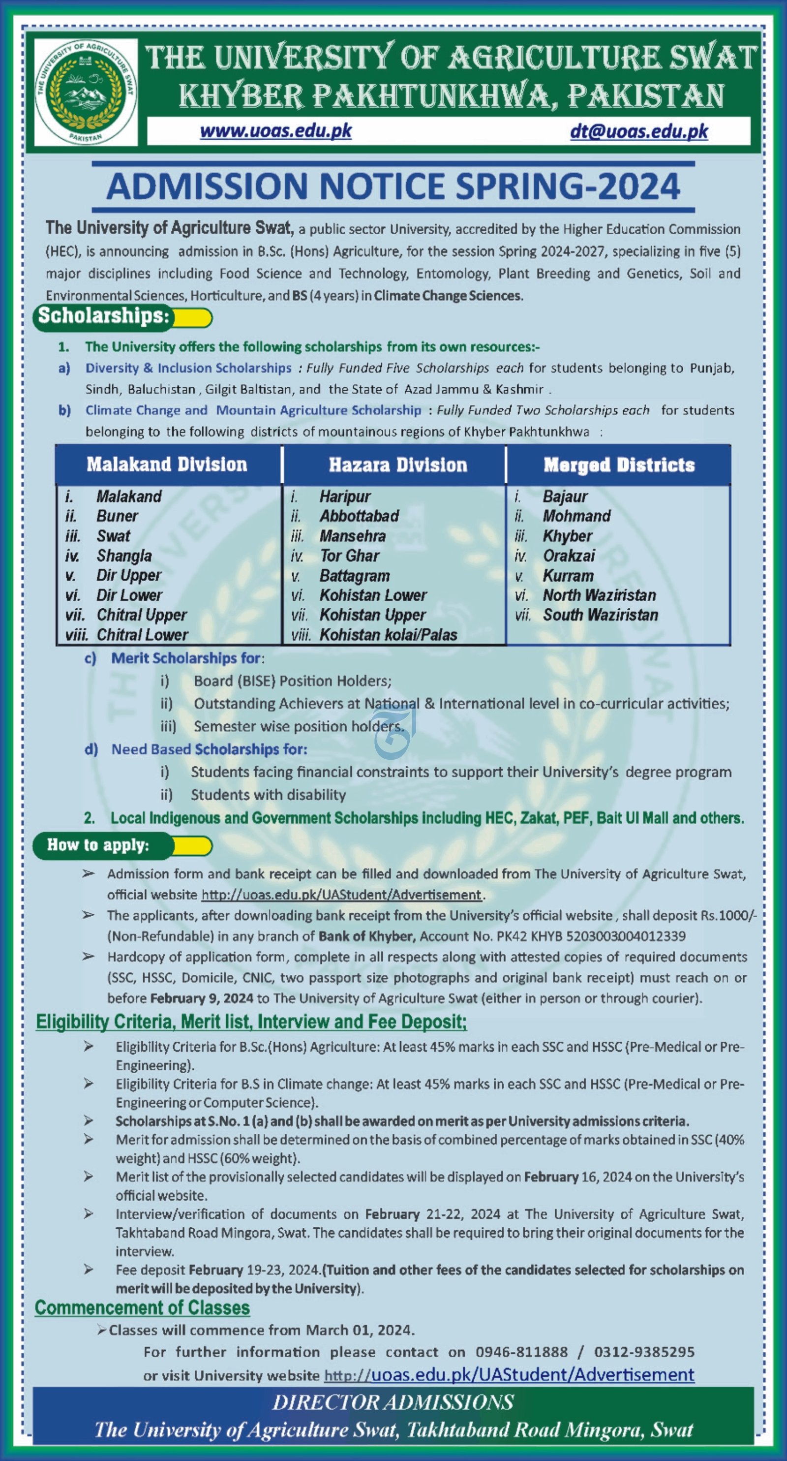 Admissions Open in Univerisity of Agriculture Swat 2024 Admissions 2024 — original advertisement