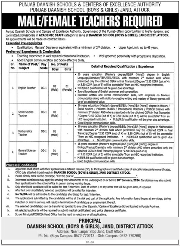 Punjab Daanish Schools & Centres Of Excellence Attock Jobs Jobs 2024 — original advertisement