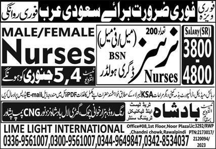 Male & Female Nurse Jobs 2024 In Saudi Arabia – BTTC Badshah Overseas Employment Promoters Jobs 2024 — original advertisement