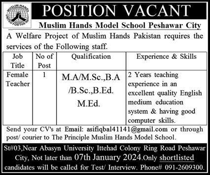 Muslim Hands Model School Peshawar Jobs 2024 Jobs 2024 — original advertisement
