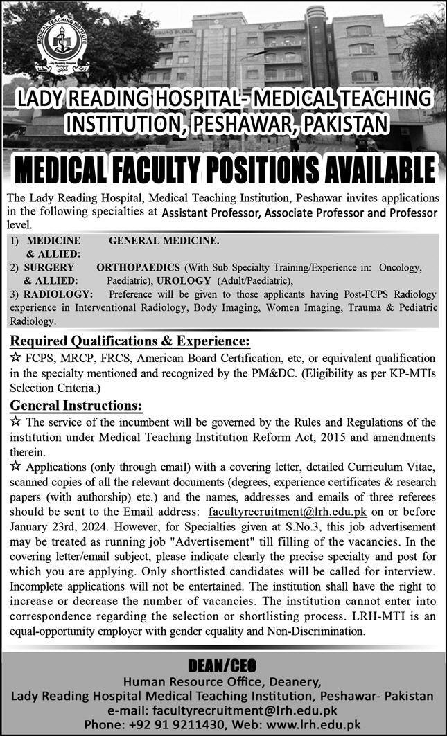 Lady Reading Hospital LRH MTI Peshawar Jobs 2024 – Lady Reading Hospital Peshawar Jobs 2024 — original advertisement