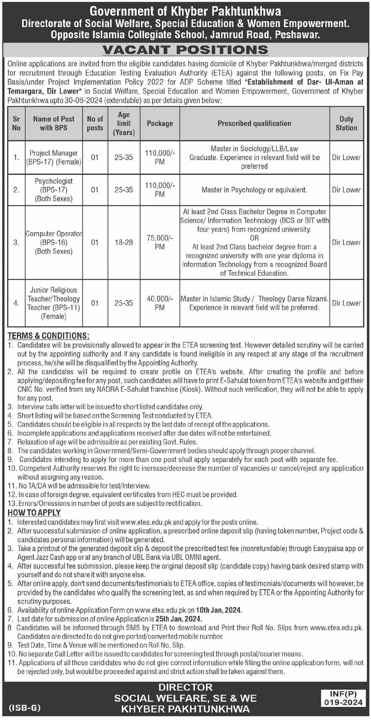 Directorate Of Social Welfare KPK Jobs 2024 – Social Welfare & Women Development Muzafarabad Ajk Jobs 2024 — original advertisement