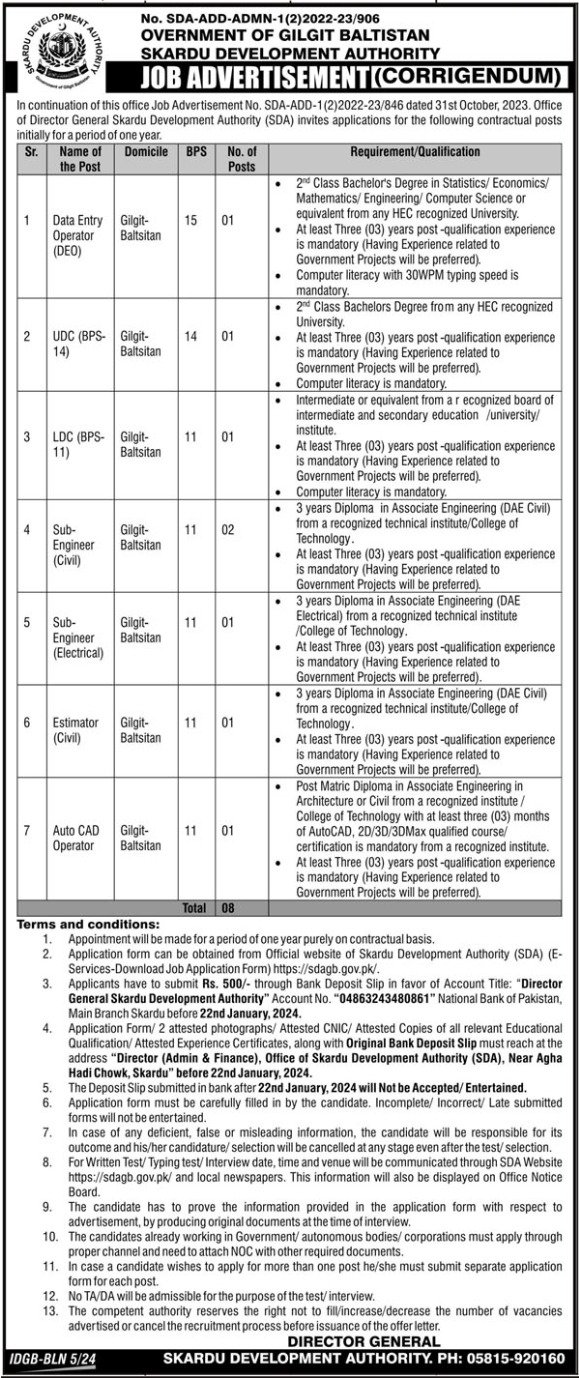 Skardu Development Authority SDA Skardu Jobs 2024 – Government of Gilgit-Baltistan Jobs 2024 — original advertisement