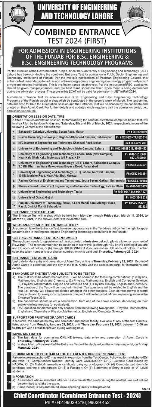 Admissions Open in University of Engineering & Technology – University of Engineering  & Technology Lahore Admissions 2024 — original advertisement