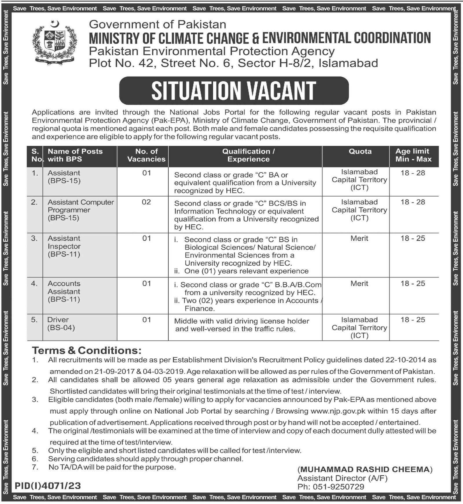 Ministry of Climate Change & Environmental Coordination Jobs Jobs 2024 — original advertisement