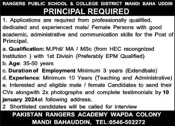 Ranger Public School & College District Mandi Bahauddin Jobs – Rangers Public School Bahawalpur Jobs 2024 — original advertisement