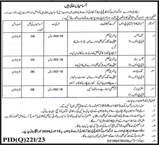 Government Girls College B&R Colony Turbat Balochistan Jobs – Government Girls College Turbat Admissions 2024 — original advertisement