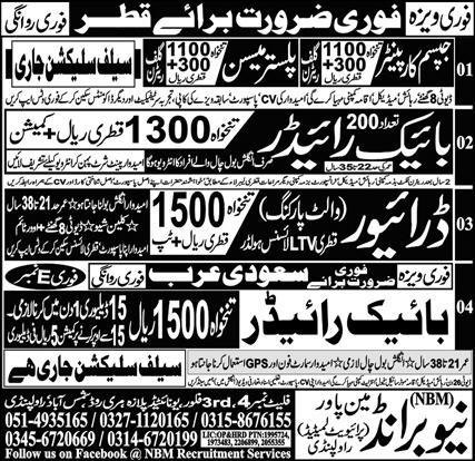 Bike Rider & Plaster Mason Jobs In Qatar 2024 – New Brand Manpower Admissions 2024 — original advertisement
