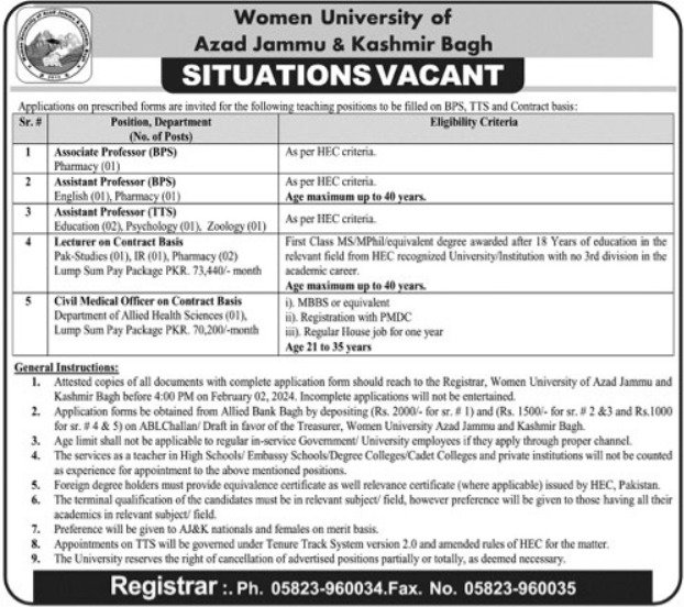 Azad Jammu & Kashmir Women University Bagh Jobs 2024 – Women University Bagh AJk Admissions 2024 — original advertisement