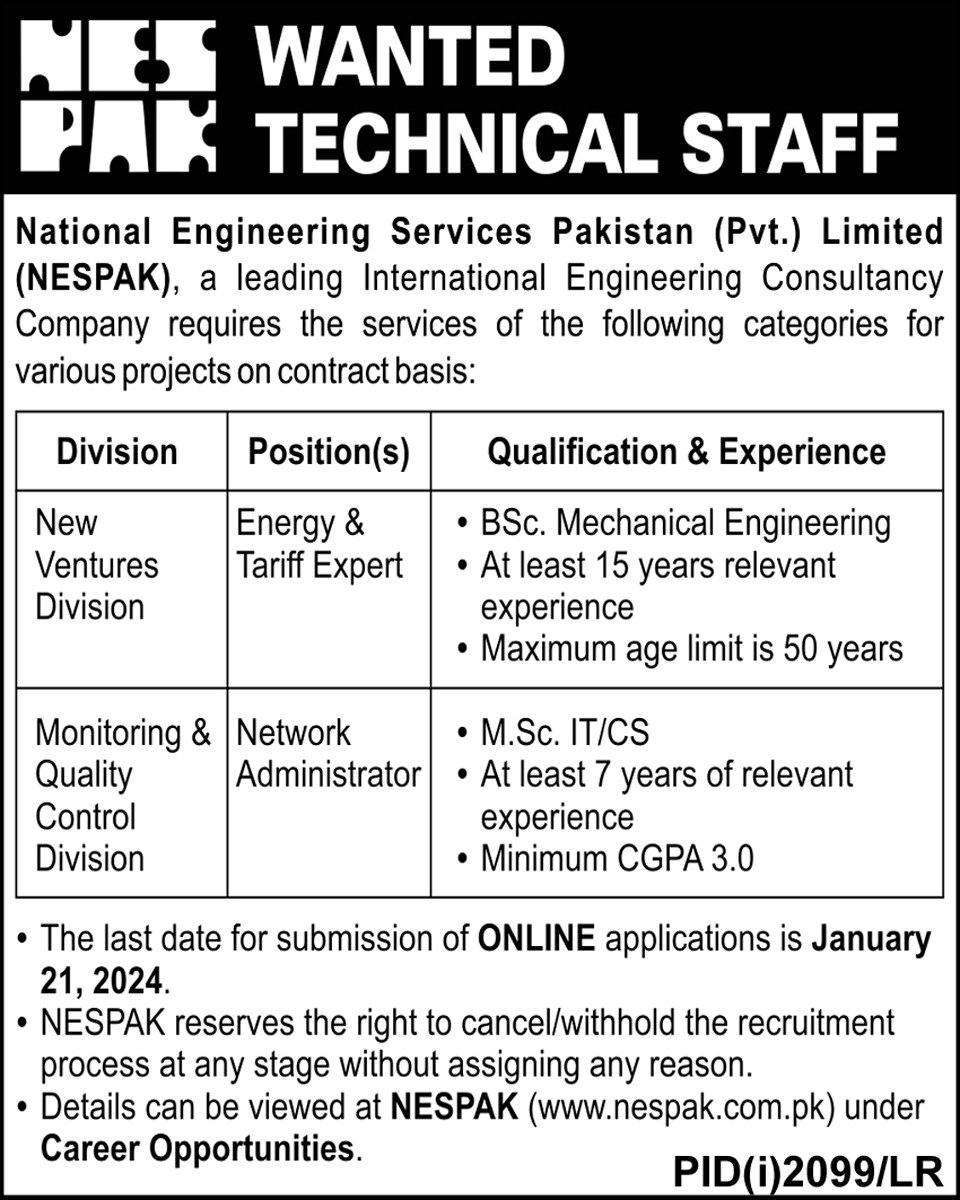 National Engineering Services Pakistan Jobs 2024 – NESPAK National Engineering Services Pakistan Admissions 2024 — original advertisement