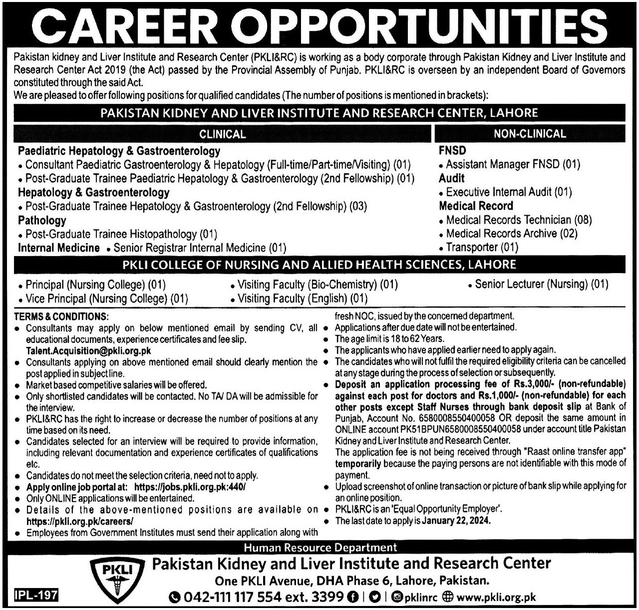 Pakistan Kidney & Liver Institute & Research Centre Job 2024 – Pakistan Kidney And Liver Institute (PKLI) And Research Centre Lahore Admissions 2024 — original advertisement