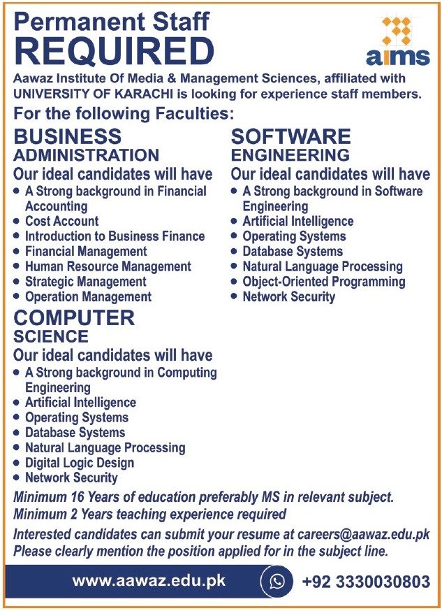 Aawaz Institute Of Media & Management Sciences AIMS Jobs – University of Karachi Admissions 2024 — original advertisement
