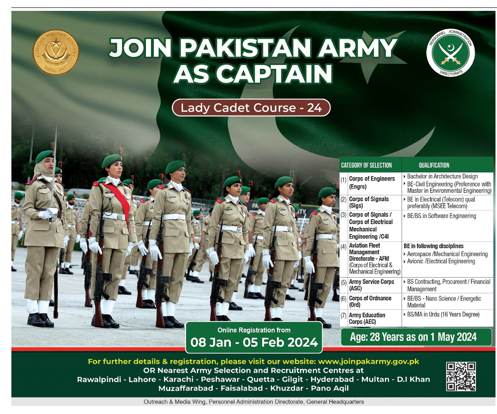 Join Pakistan Army As Captain Lady Cadet Couse-24 Admissions 2024 — original advertisement