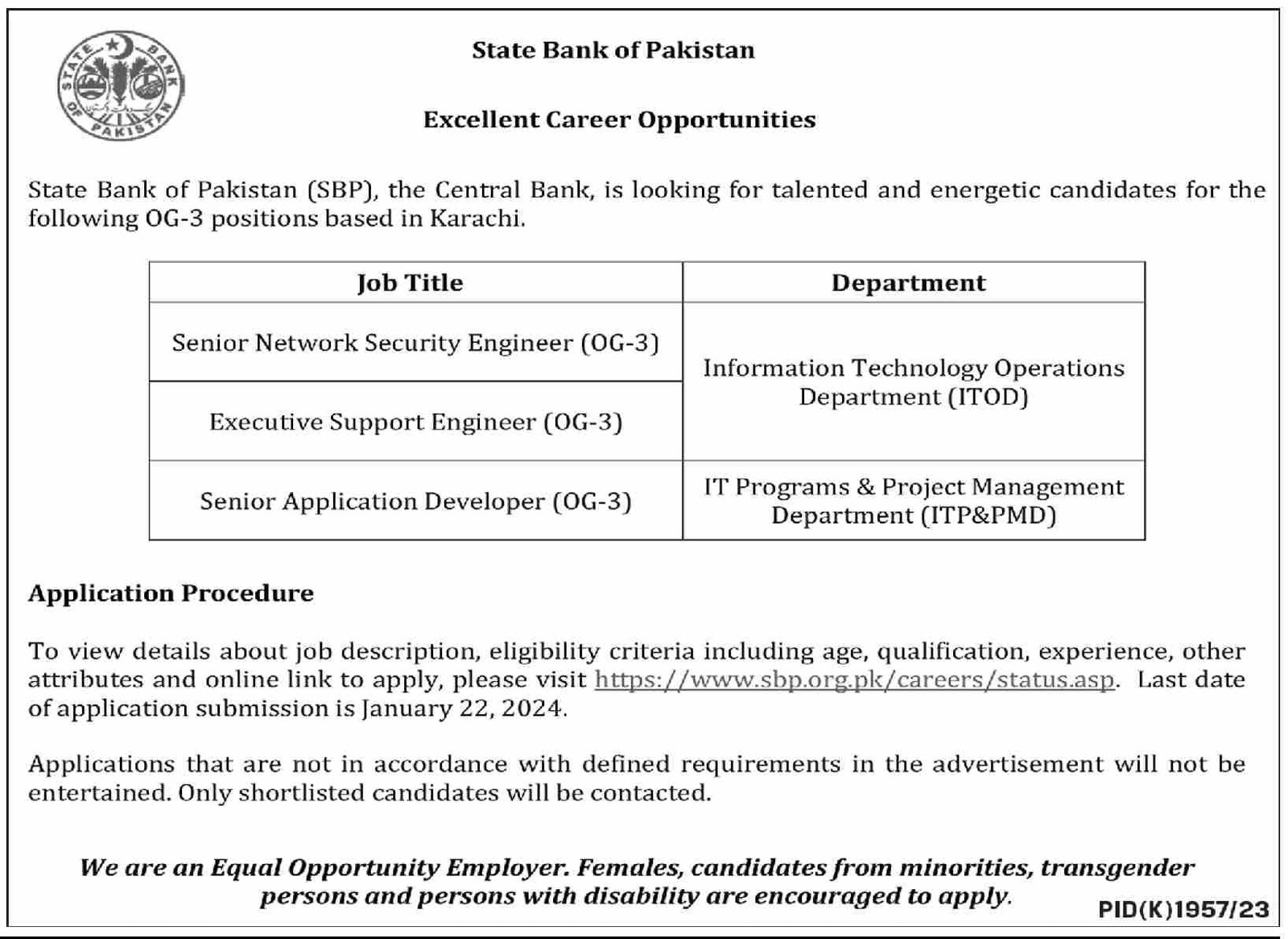State Bank of Pakistan SBP Bank Karachi Jobs 2024 Admissions 2024 — original advertisement