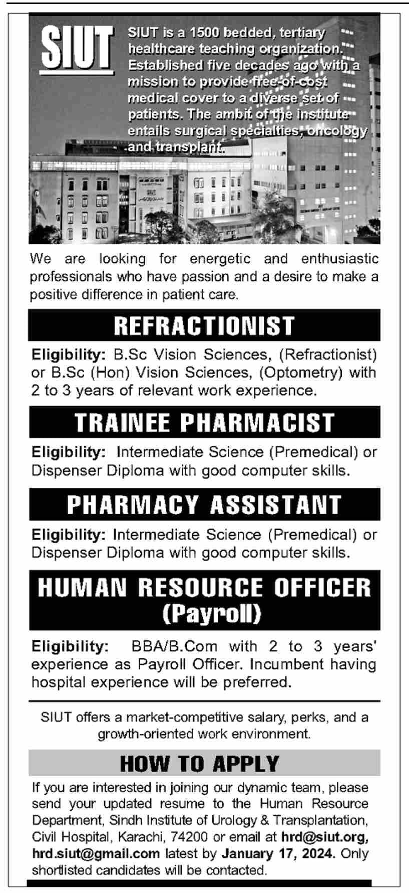 Sindh Institute of Urology and Transplantation SIUT Jobs – Sindh Institute of Urology and Transplantation SIUT Karachi Admissions 2024 — original advertisement