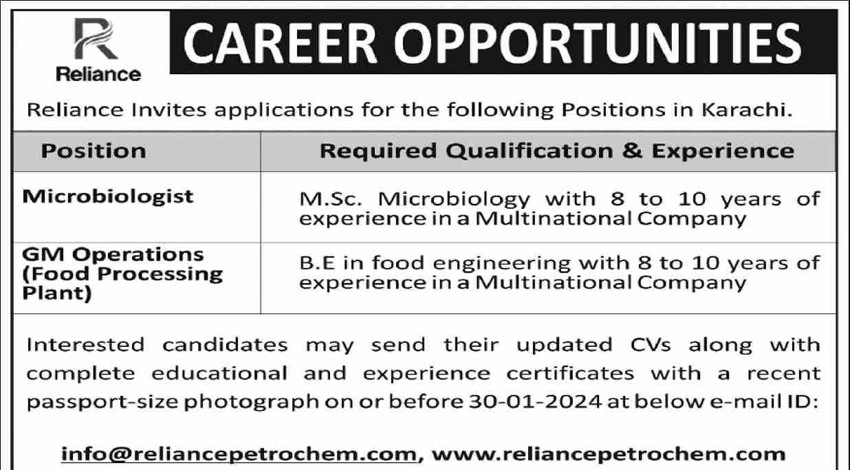 Reliance Petrochem Industries Pvt Ltd Karachi Jobs 2024 – Private Company Admissions 2024 — original advertisement