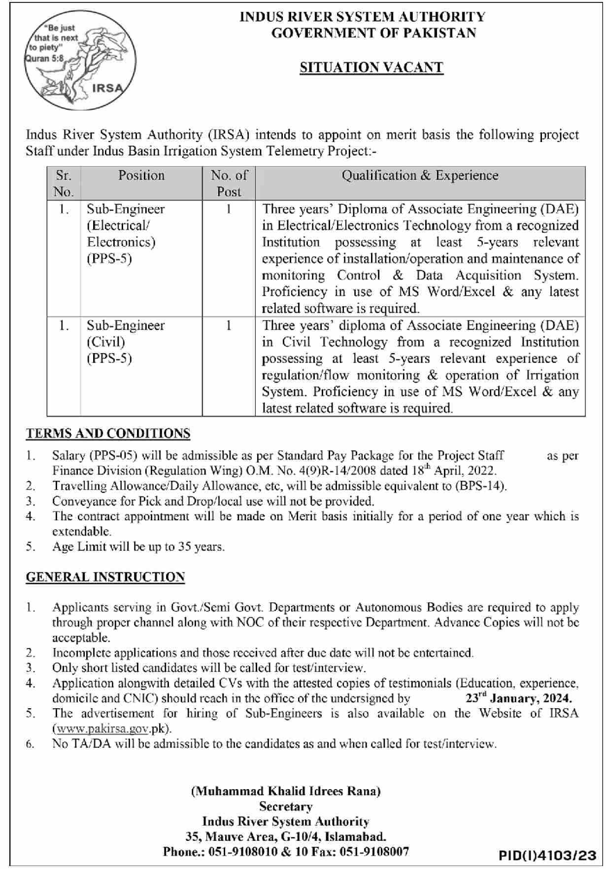Indus River System Authority Islamabad Jobs 2024 – Indus River System Authority IRSA Admissions 2024 — original advertisement