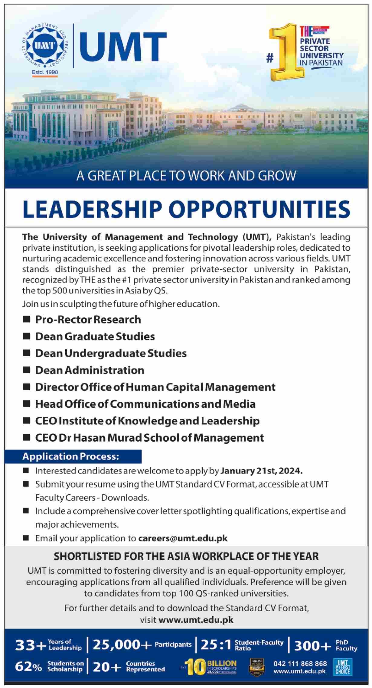 University of Management and Technology Lahore Jobs 2024 – University of Management & Technology Lahore Admissions 2024 — original advertisement
