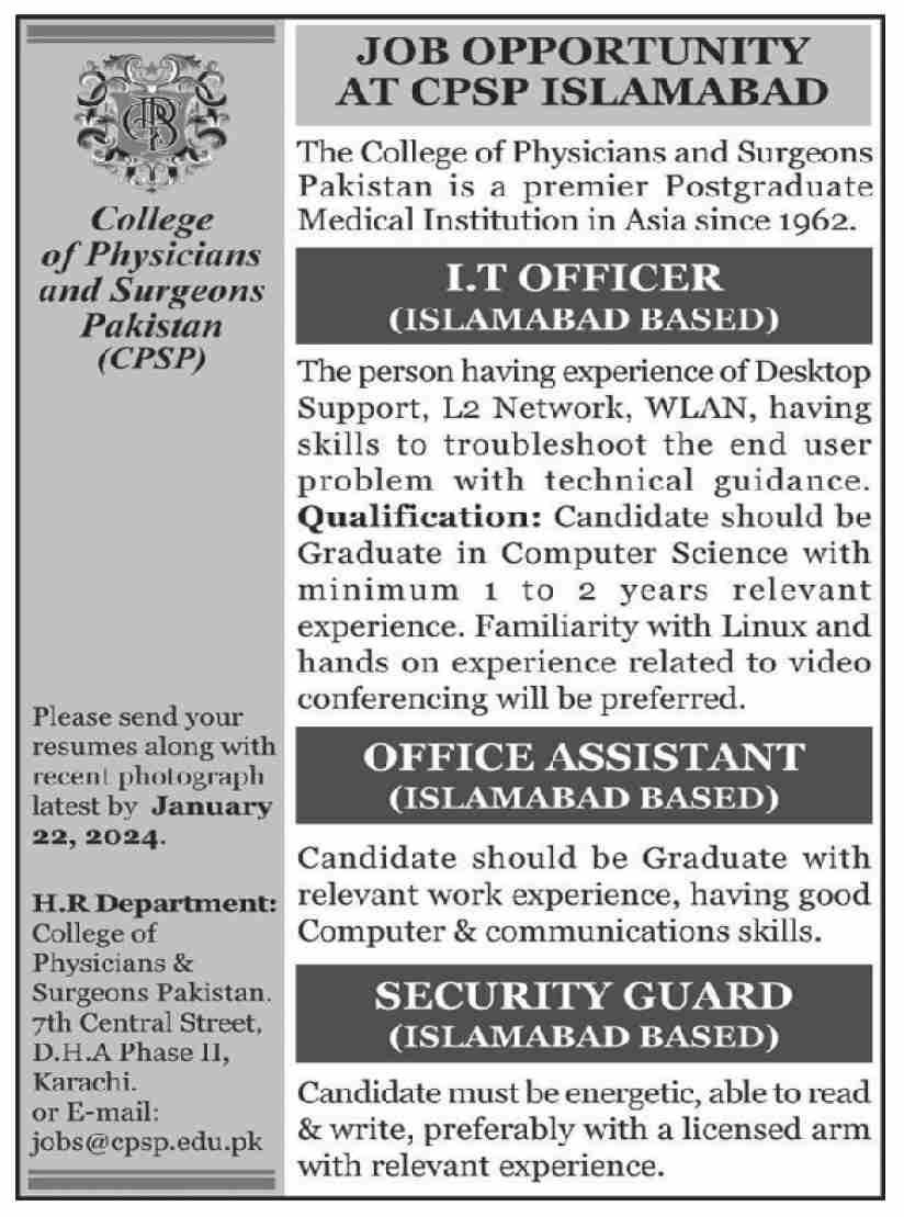 College Of Physicians And Surgeons Pakistan Jobs 2024 Admissions 2024 — original advertisement