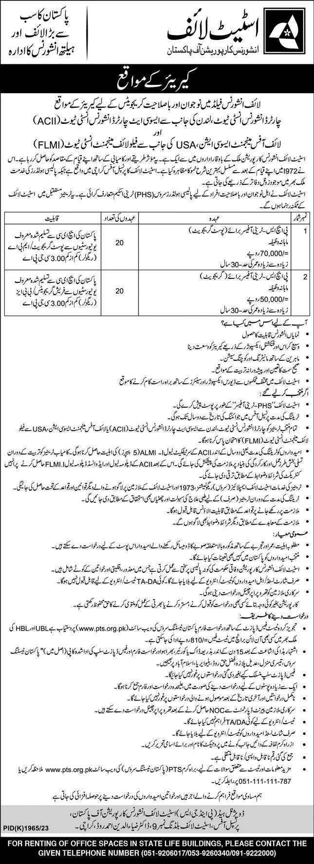 State Life Insurance Corporation Graduate Trainee Jobs 2024 – State Life Insurance Corporation of Pakistan Admissions 2024 — original advertisement