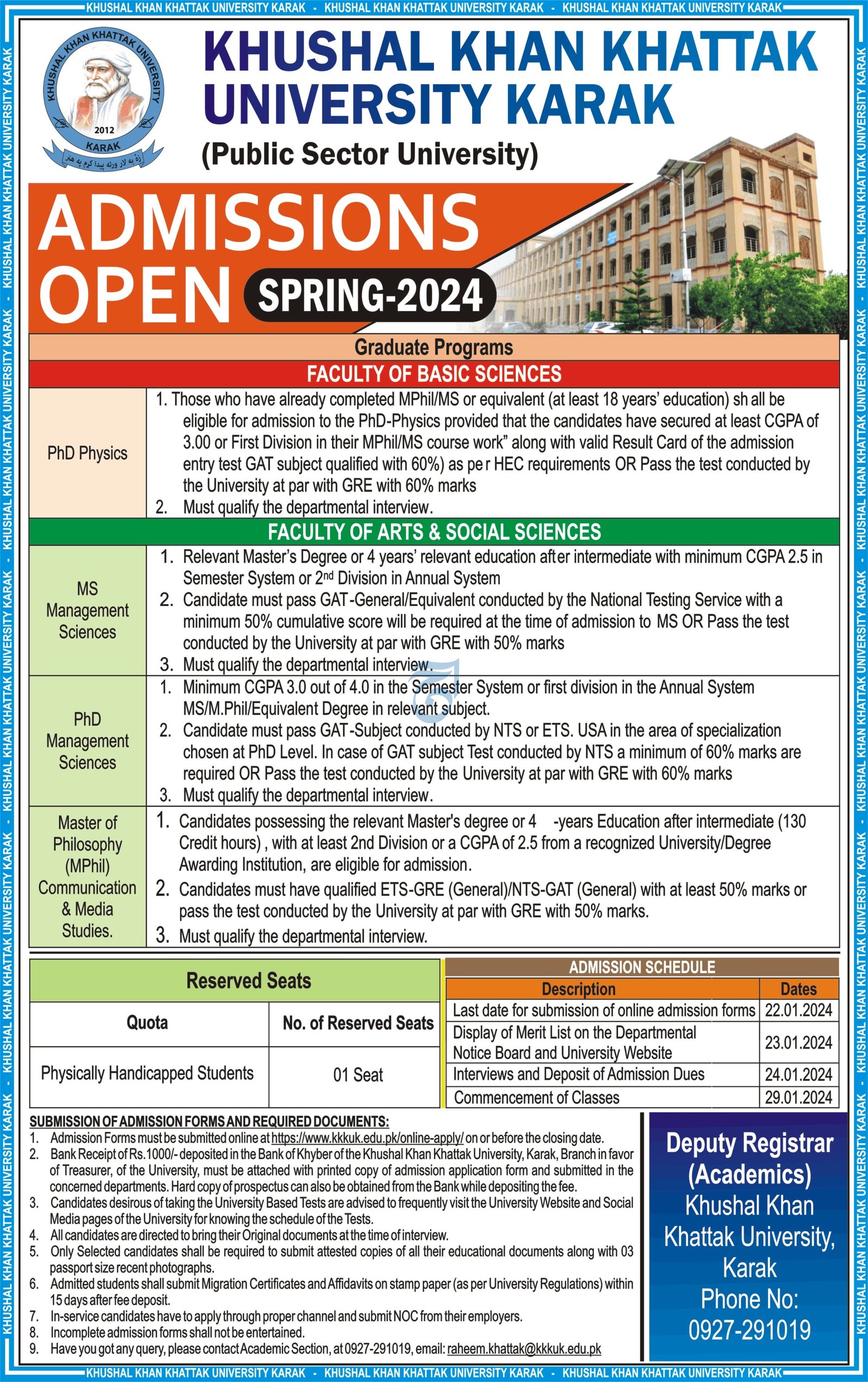 Admissions Open in Khusal Khan Khattak 2024 – Khushal Khan Khattak University karak Admissions 2024 — original advertisement