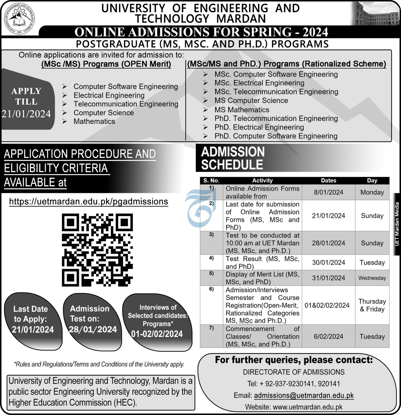 Admissions Open in University of Engineering And Technology – University of Engineering and Technology Mardan Admissions 2024 — original advertisement