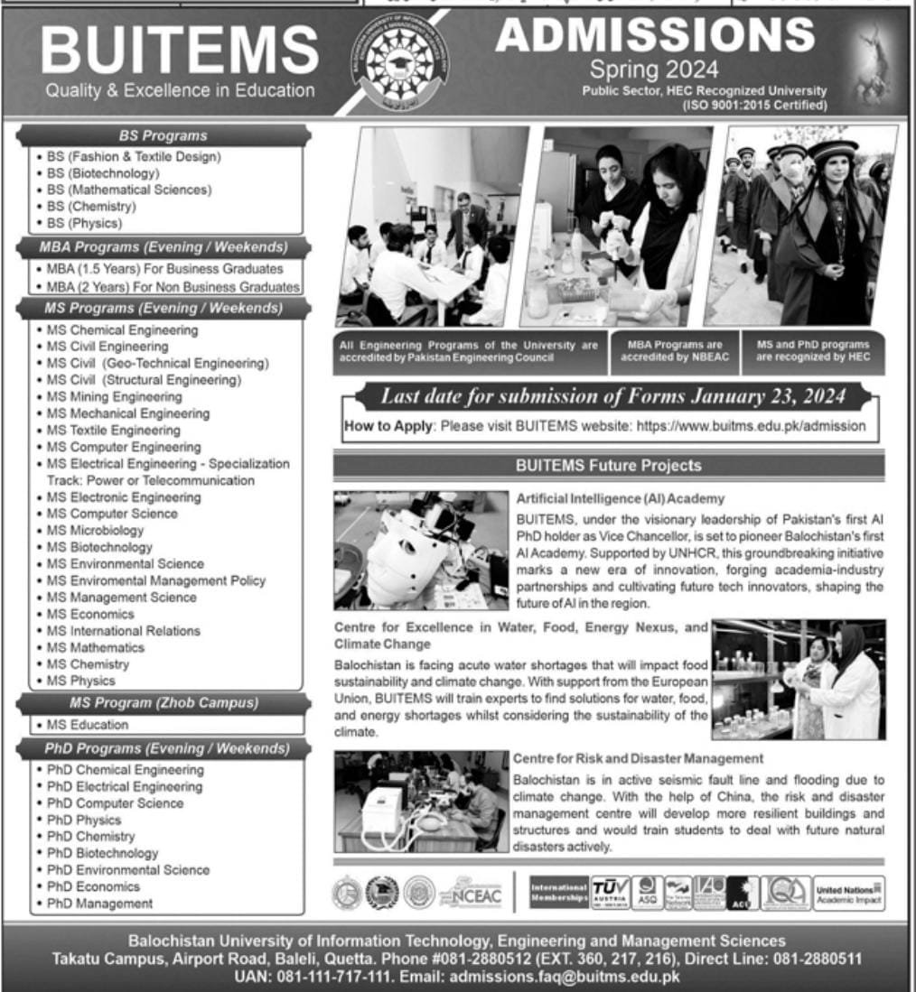 Admissions Balochistan University of Information Technology – Balochistan University of Information Technology & Management Science Quetta Admissions 2024 — original advertisement
