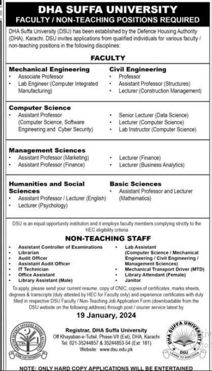 Dha Suffa University Karachi Jobs 2024 Admissions 2024 — original advertisement