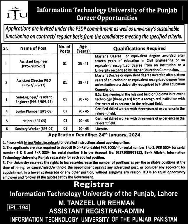 Information Technology University of Punjab Jobs 2024 – Information Technology University of the Punjab Lahore Admissions 2024 — original advertisement