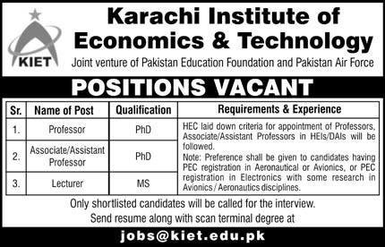 Karachi Institute of Economics & Technology Jobs – Karachi Institute of Economics and Technology KIET Admissions 2024 — original advertisement
