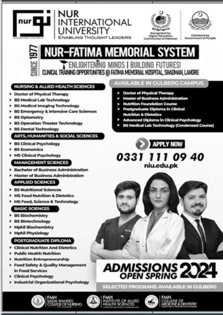 Admissios Open in Nur International Univeristy – Nur International University Admissions 2024 — original advertisement