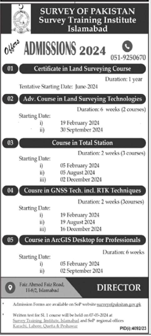 Admissions Open in Survey Traning Institute Islamabad 2024 – Survey of Pakistan Admissions 2024 — original advertisement