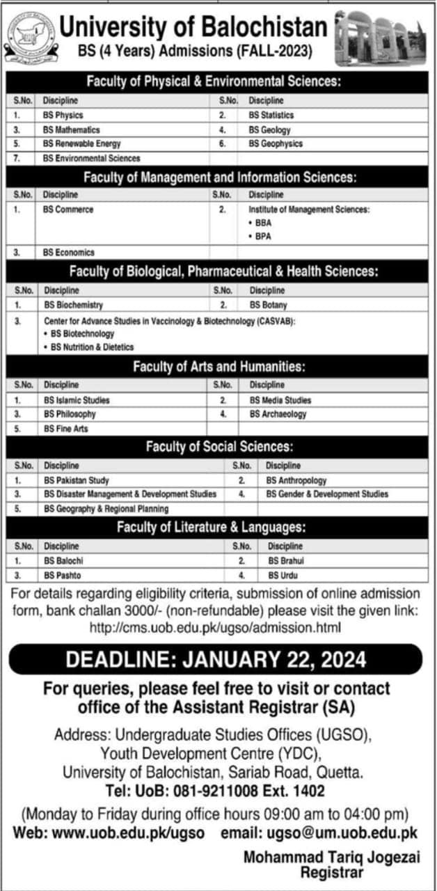 Admissions Open in Univeristy of Balohistan – University of Balochistan Admissions 2024 — original advertisement