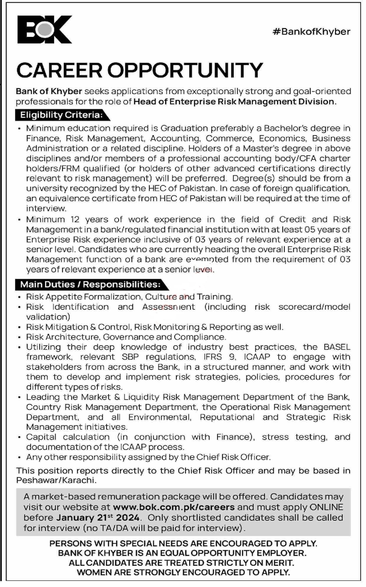 The Bank of Khyber BOK Peshawar Jobs 2024 Admissions 2024 — original advertisement