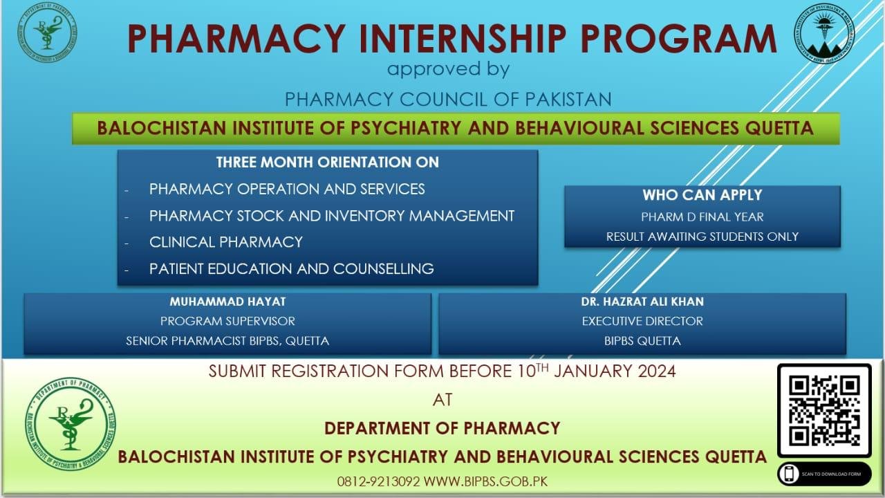 Pharmacy Internship Programme Balochistan – Balochistan Institute of Psychiatry and Behavioral Science BIPBS Admissions 2024 — original advertisement