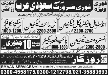 Instrument Technician & Millwright Technician Jobs 2024 – Emaan Manpower Agency EMA Admissions 2024 — original advertisement