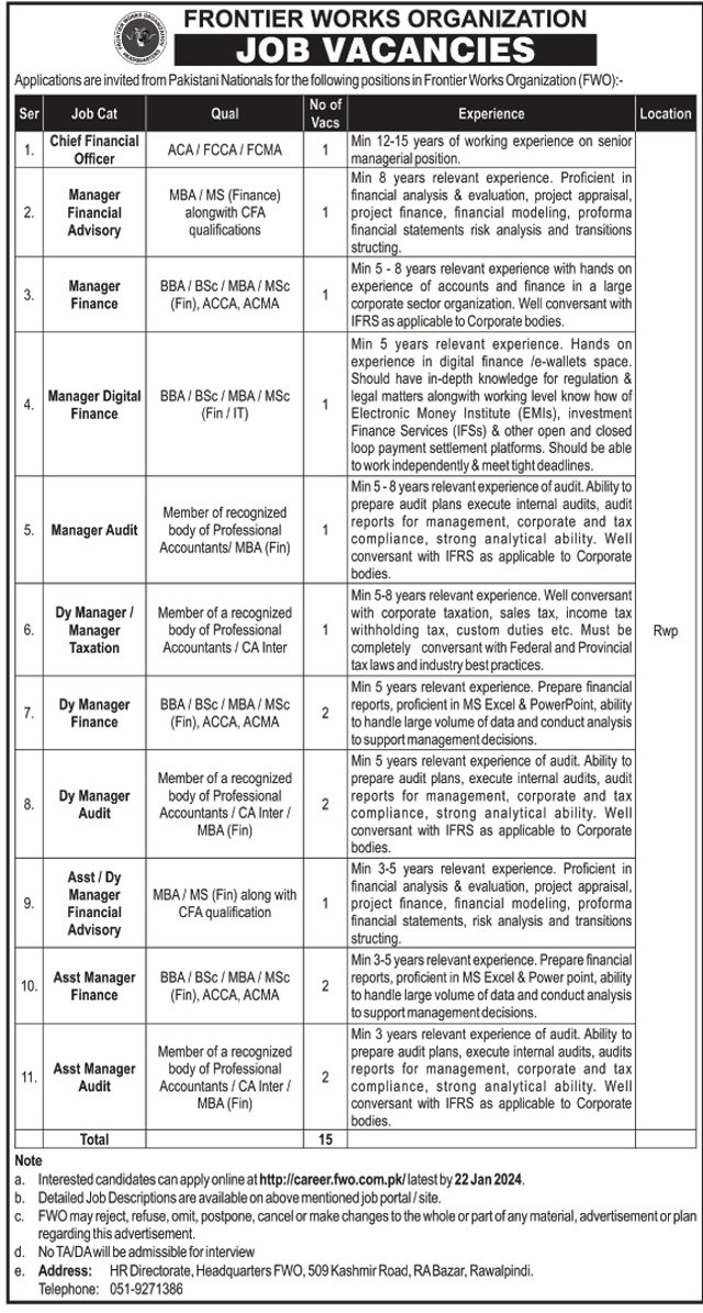 Frontier Works Organization FWO Rawalpindi Jobs 2024 Admissions 2024 — original advertisement