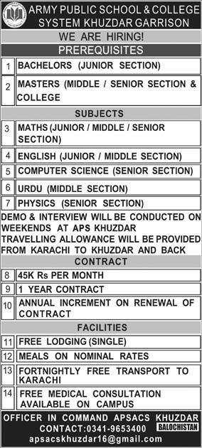 Army Public School and College System Khuzdar Jobs 2024 – Army Public School & College Paksitan Admissions 2024 — original advertisement
