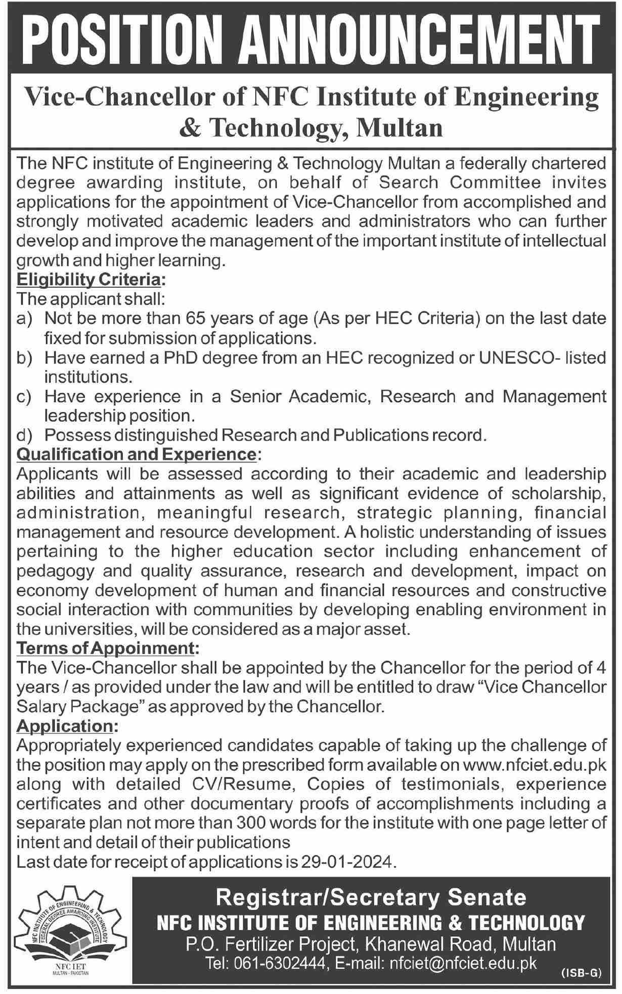 NFC Institute of Engineering & Technology Multan Jobs 2024 – NFC Institute of Engineering and Fertilizer Research Faisalabad Jobs 2024 — original advertisement