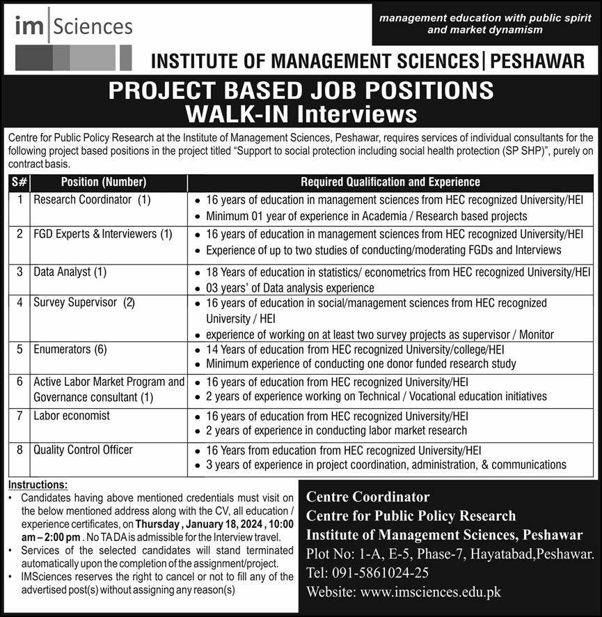 Interviews For Jobs At Institute Of Management Sciences 2024 – Institute of Management Sciences Peshawar Jobs 2024 — original advertisement