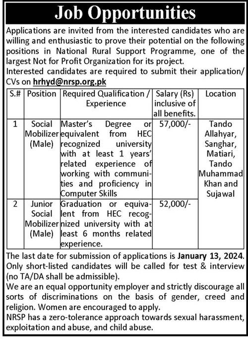 National Rural Support Programme Tando Allahyar Jobs 2024 – National Rural Support Program NRSP Jobs 2024 — original advertisement