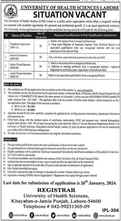 University Of Health Sciences Lahore Jobs 2024 Jobs 2024 — original advertisement