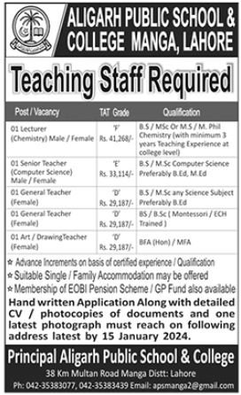 Aligarh Public School & College Lahore Jobs 2024 – Alighar Public School & College Jobs 2024 — original advertisement