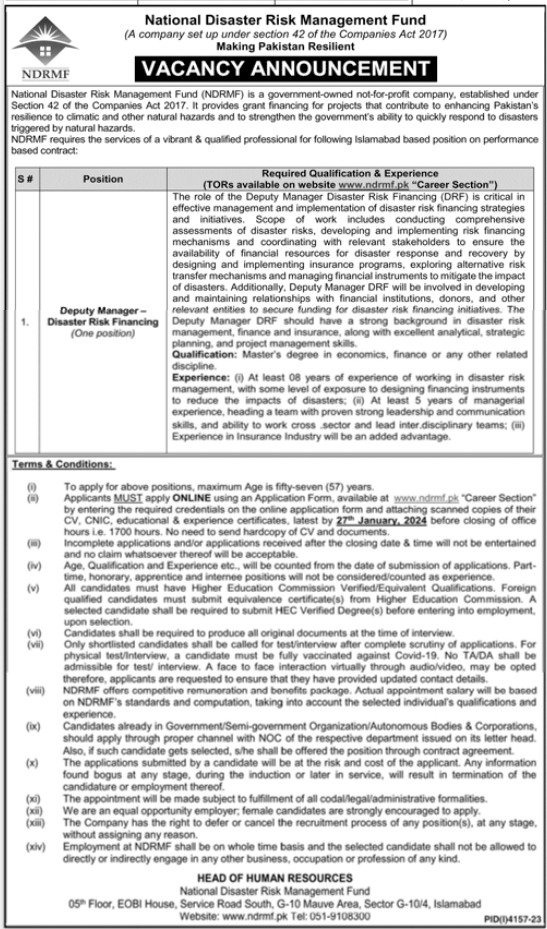 National Disaster Risk Management Fund Islamabad Jobs 2024 – National Disaster & Risk Management Fund Jobs 2024 — original advertisement