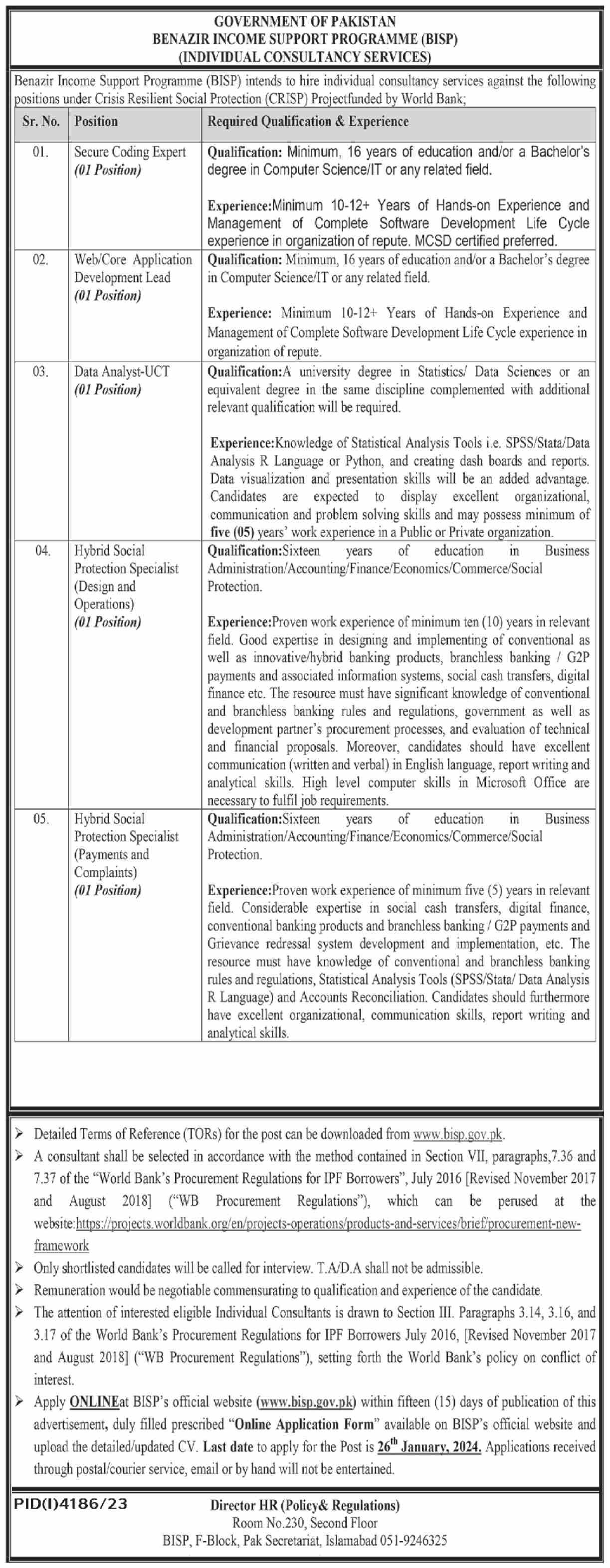 Benazir Income Support Programme BISP Islamabad Jobs 2024 Jobs 2024 — original advertisement